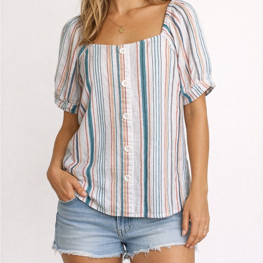 Lane Bryant Women Size 14 Striped White Pink Green Top Blouse Linen Blend